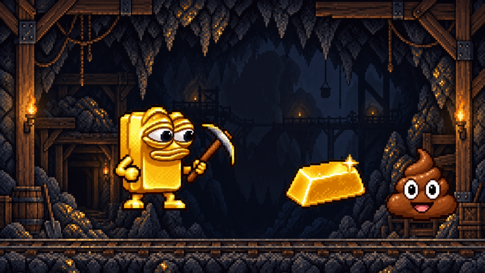 Pixel-art Mine or Dodge cave scene with Pepegold, a gold bar, and a poop target
